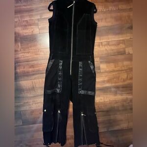 Wilsons Suede Leather Black Sleeveless Zip-Front Utility Jumpsuit M Gold Accents